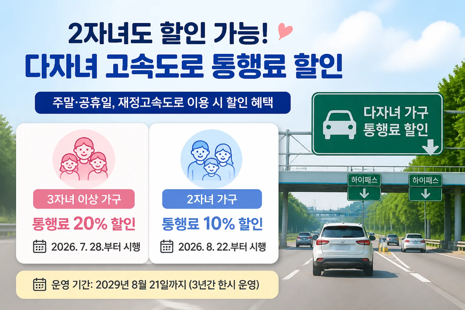 다자녀 고속도로 통행료 할인제도는 주말과 공휴일에